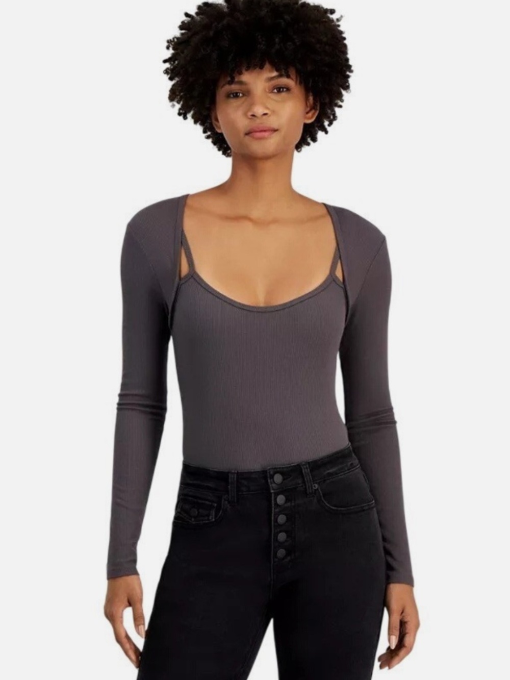 Self Esteem Juniors Rib-Knit Overlay Long-Sleeve Bodysuit - Granite - XL NWT